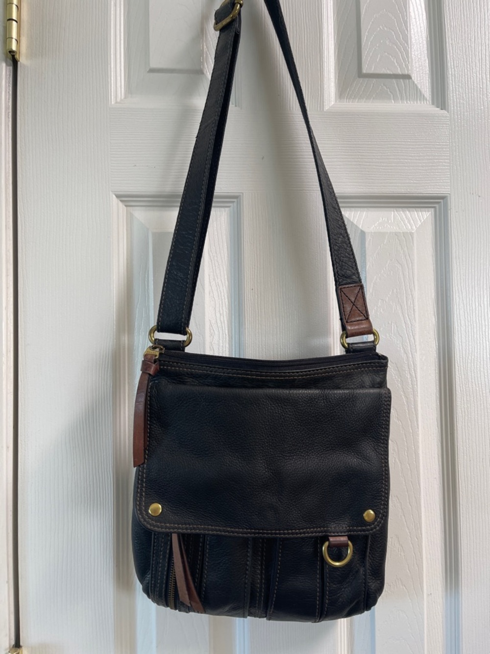 Fossil Morgan Traveler Crossbody Black Brown Leather Messenger Handbag Purse